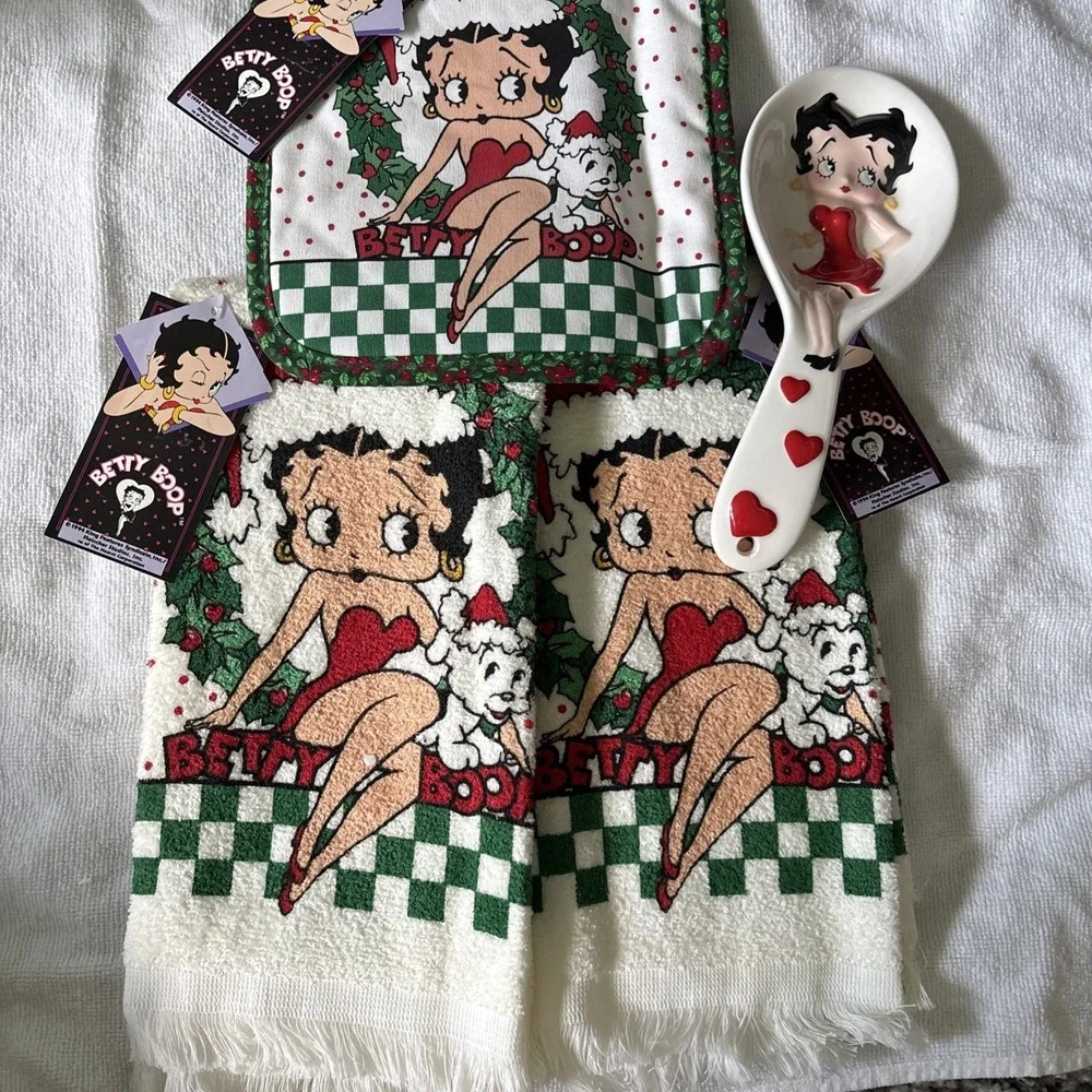 Vintage Cannon Betty Boop Christmas Kitchen Towel Hot Pad Spoon Rest Set NEW